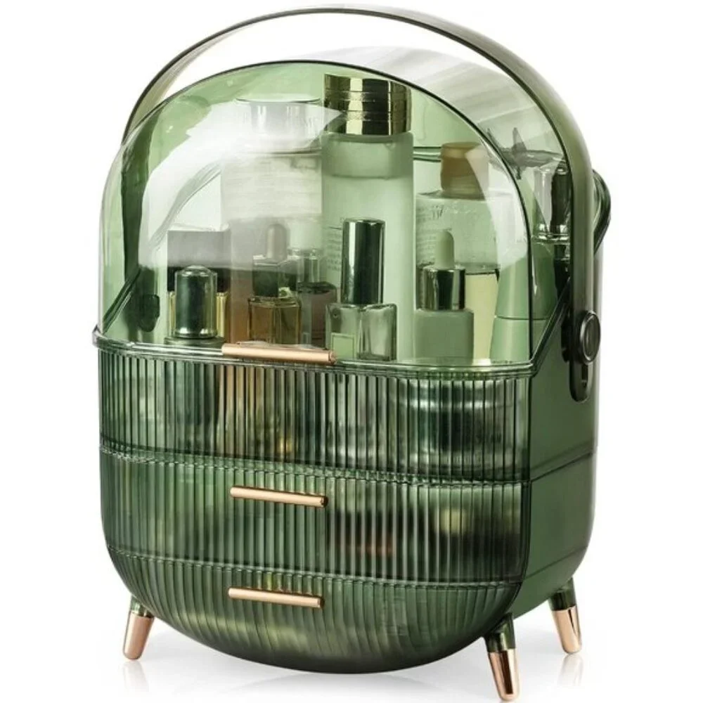 New Large Makeup Organizer, 2-Drawer Skincare Storage with Clear Lid - (Green)